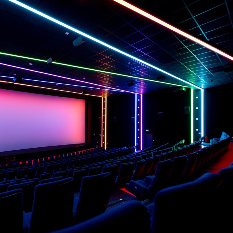 Ein großer Kinosaal mit einer pink beleuchteten Leinwand und bunten Leuchtelementen an Decke und Wand